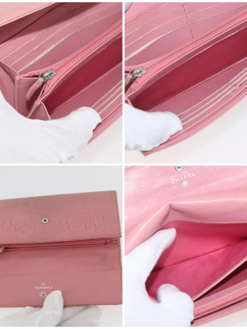 CHANEL Camelia Long Wallet Lamb Skin Pink CC Auth YKZ410